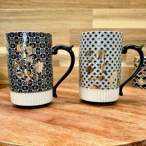Anthropologie Imogen Mug Set Black & White Tile on White with Gold Floral Accent
